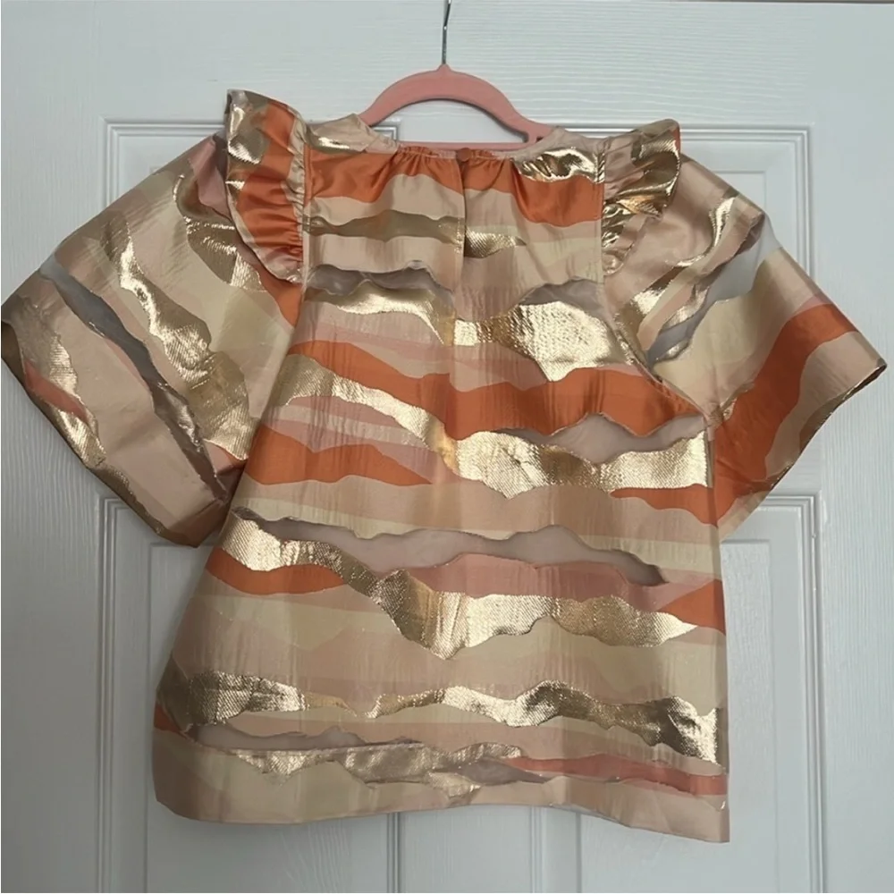 Marie Oliver Peach & Gold Metallic Stripe Ruffle Top
